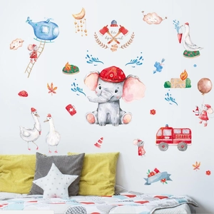 Stickers Muraux Animaux Éléphant Pompier Dessin Animé Aquarelle Autocollants en PVC Imperméable Camion Pompier Hélicoptère pour Chambre Enfants Garçons Décor