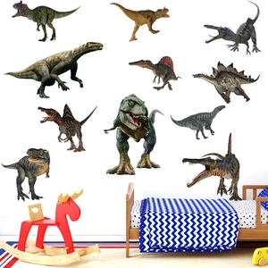 Realistic dinosaur wall stickers featuring T-Rex and Stegosaurus on a bedroom wall