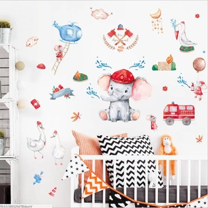 Stickers muraux pompiers animaux avec éléphants et camions de pompiers pour chambre d'enfants