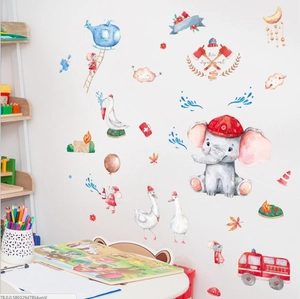 Stickers muraux aquarelle animaux pompiers avec éléphant et camion pour chambre enfant
