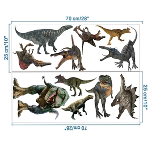 Detailed dimensions of two dinosaur wall decals measuring 70x25cm each for nursery decor