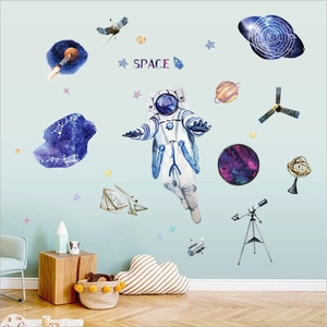 Space themed wall stickers with watercolor astronauts and planets for kids room decor