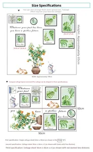Detail of DIY cat and green plant wall stickers showing layout and size dimensions