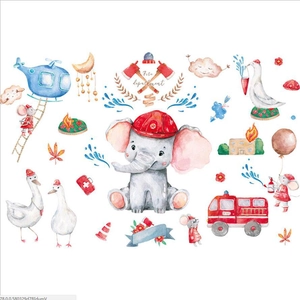 Stickers muraux pompiers animaux aquarelle avec éléphant et camion pour chambre enfant