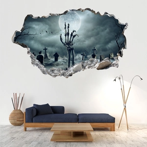 3D Halloween wall sticker detail showing a skeletal hand reaching for the moon from a graveyard