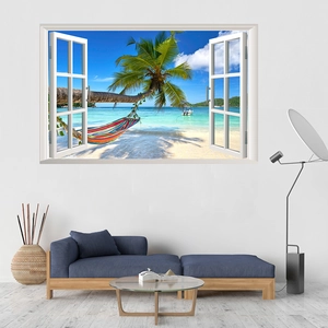 3D tropical beach wall sticker with palm trees and hammock in white window frame decor