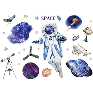 Watercolor space astronaut wall stickers with planets and stars for boy's bedroom decor
