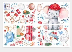 Détail de stickers muraux aquarelle animaux pompiers pour chambre d'enfant avec éléphant