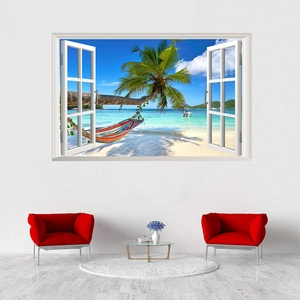 3D beach wall sticker featuring coconut trees and sea view for living room decoration