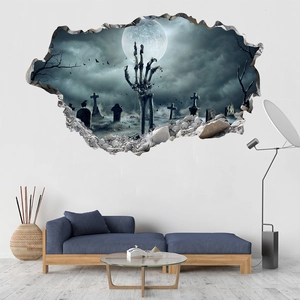 3D Halloween graveyard wall decal with skeleton hand and broken wall effect on white living room wall