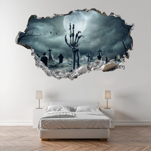 3D Halloween wall sticker with spooky cemetery moon and skeleton hand breaking through wall