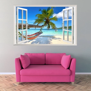 3D tropical beach wall decal showing palm trees and a hammock over a bright pink sofa