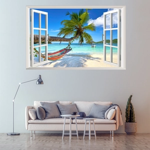 Detail of 3D window wall sticker with tropical beach scene, palm trees and hammock
