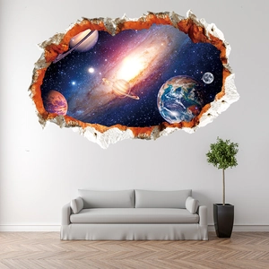 3D outer space wall decal with planets and broken wall effect for living room decor