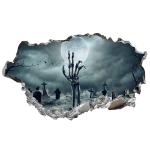 3D Halloween wall sticker featuring skeletal hand reaching from a moonlit graveyard scene