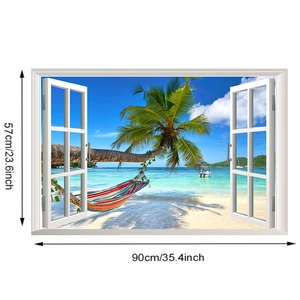 Detail view showing a 90x57cm 3D tropical beach wall sticker with a palm tree and hammock