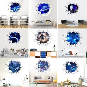3D Outer Space Planet Wall Stickers Broken Wall Effect Astronaut Galaxy Starry Sky PVC Waterproof Decals Home Decor