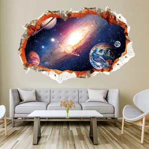 3D cracked wall decal featuring outer space planets and stars for living room decor