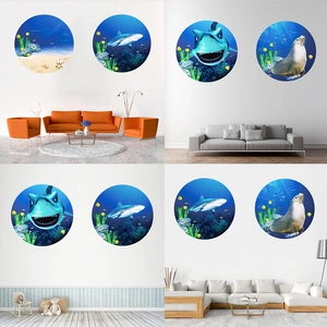 3D Round Ocean World Wall Stickers PVC Shark Seal Coral Reef Underwater Landscape Decals For Kids Room Living Room Decoration