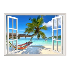 3D beach landscape wall sticker featuring palm trees and a hammock via a white faux window
