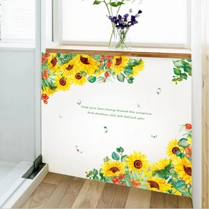 Removable sunflower wall decal with green leaves and butterflies for home wall decoration