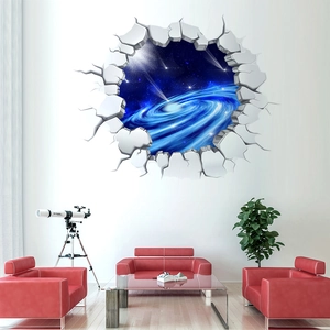 3D outer space wall decal with galaxy stars and realistic broken wall effect for living room