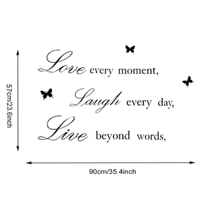 Detail view of Live Love Laugh wall decal with butterflies showing 57x90cm dimensions