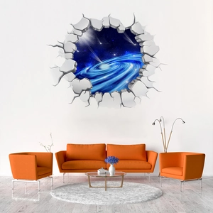 Macro view of 3D cracked wall galaxy sticker featuring deep blue space and glowing stars