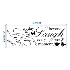 Detailed dimensions of the black Live Love Laugh wall sticker measuring 70x25cm with butterflies