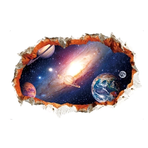 3D Galaxy outer space wall stickers with planets and realistic broken wall effect