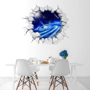 Detail view of 3D galaxy wall sticker with broken wall effect in a dining room scene