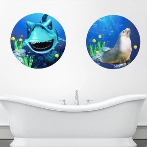 Detailed 3D round ocean wall stickers featuring shark and sea lion for bathroom decor