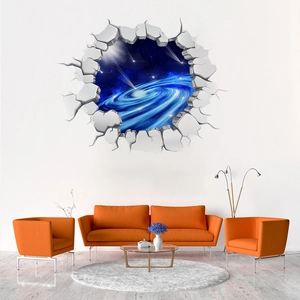 Detailed 3D cosmic wall sticker with galaxy theme on wall above a modern orange sofa