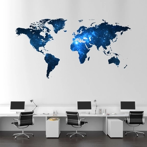 Modern world map wall sticker featuring deep blue nebula patterns for office wall decor