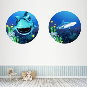 Detail showing two circular 3D shark wall decals with ocean fish and coral for kids rooms