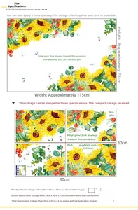 Detailed size chart showing sunflower wall sticker layout and 115x78cm final dimensions