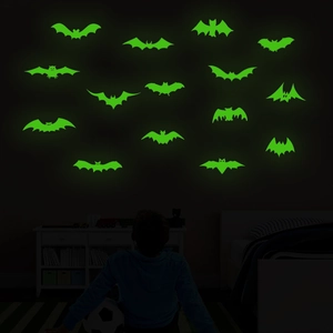 Close-up of glow-in-the-dark bat wall stickers with bright green fluorescent effect in bedroom
