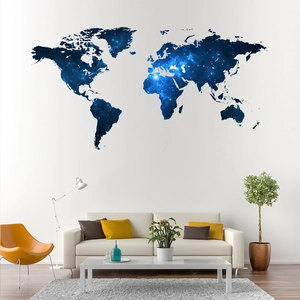 Blue galaxy world map wall sticker shown in a modern living room setting