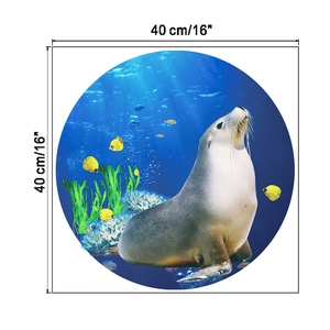 Detail view of round sea lion wall sticker showing 40cm diameter size and coral reef