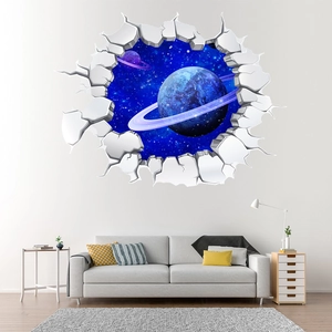 3D outer space wall sticker showing stars and planets through a realistic cracked wall effect
