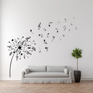 Detail of creative dandelion wall sticker featuring musical notes in a modern living room