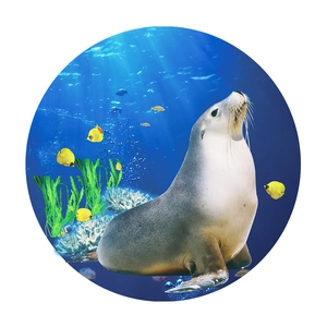 Detailed circular wall sticker showing a sea lion, tropical fish, and coral reef scenes