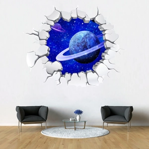 Detailed 3D outer space galaxy wall sticker featuring a realistic cracked wall visual effect