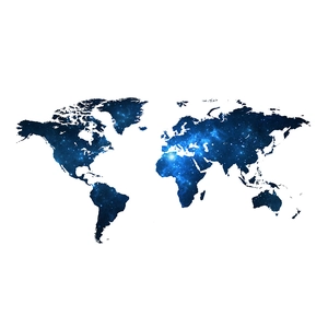 Creative world map wall decal with deep blue galaxy nebula texture on white background