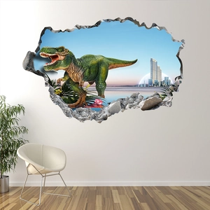 Détail de l'autocollant 3D dinosaure traversant une scène de gratte-ciel urbain