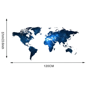 Detailed size chart of blue nebula world map wall sticker showing 120cm width and 57cm height