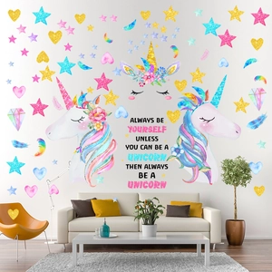 Dreamy Unicorn Wall Stickers Waterproof PVC Removable Stars Hearts Feathers Decals For Kids Room Nursery Home Decor