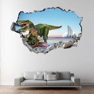 Sticker mural 3D représentant un T-Rex brisant un mur avec vue sur les gratte-ciels