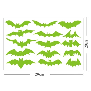 Luminous green bat wall stickers set with 14 pieces for Halloween home decoration