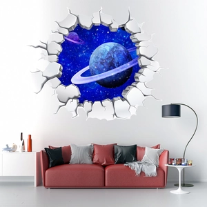 3D wall sticker detail showing starry galaxy and planets through a cracked wall effect